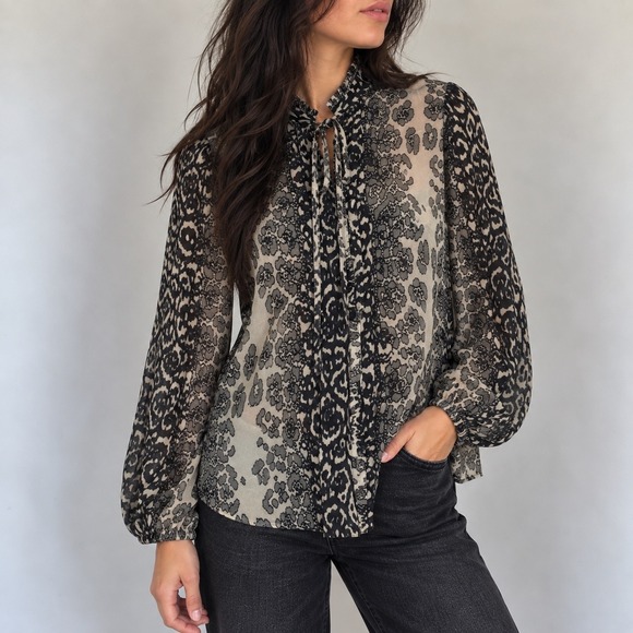 Kobi Halperin Tops - Kobi Halperin Regina Gray Silk Leopard Blouse Ruffle Tie Neck Medium